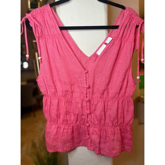 Cynthia Rowley Smocked Waist Sleeveless Linen Pink Blouse Size L 8-12 - Picture 2 of 5